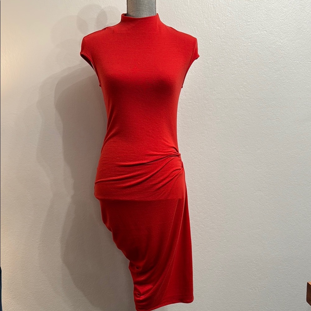 Helmut Lang Cap Sleeve Harrow Red Nova Jersey Bodycon Women's Dress Size S NWT